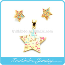 2014 Artificial Gran joyería de fantasía Acero inoxidable Colorido Esmalte Diseño Chapado en oro Estrella Stud Pendiente colgante conjunto de joyas